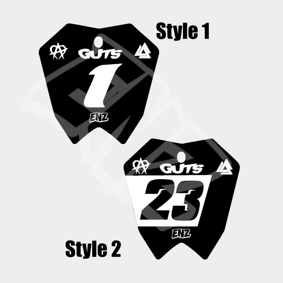 Two black and white motorcycle number plates with branding on a light gray background.