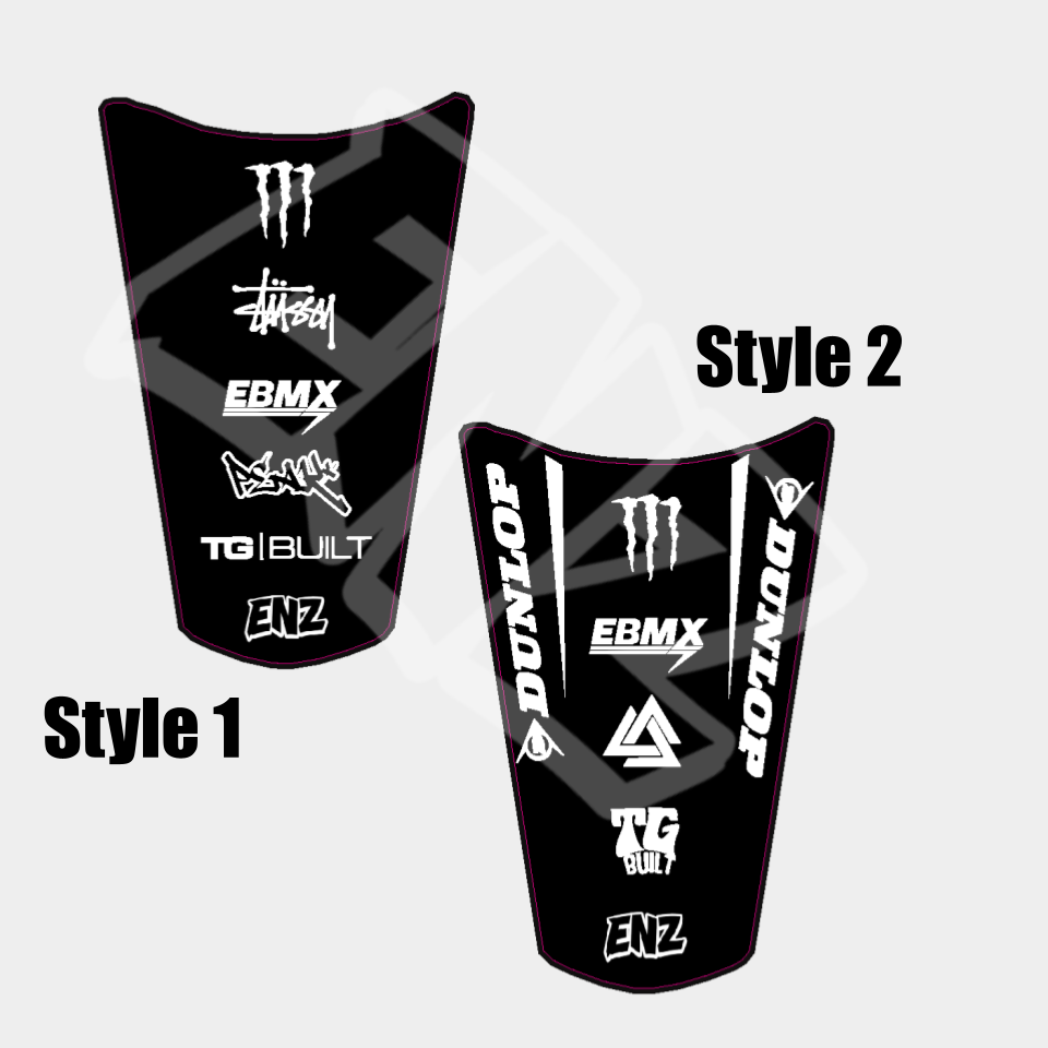 Two black motorcycle rear fender decals with various brand logos on a gray background.