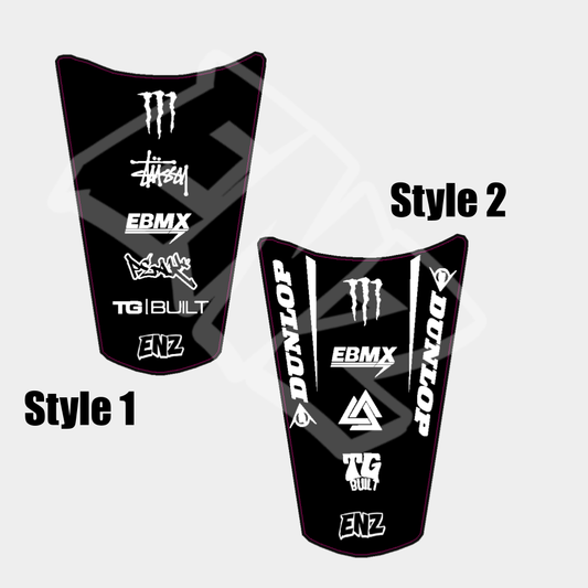 Two black motorcycle rear fender decals with various brand logos on a gray background.