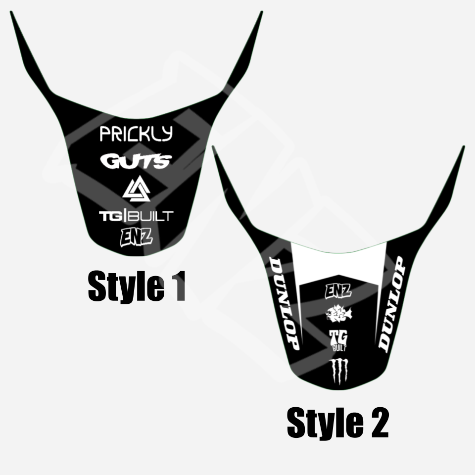 Two motorcycle rear fender emoto designs with branding on a white background
