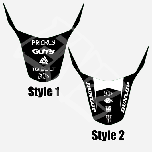 Two motorcycle rear fender emoto designs with branding on a white background