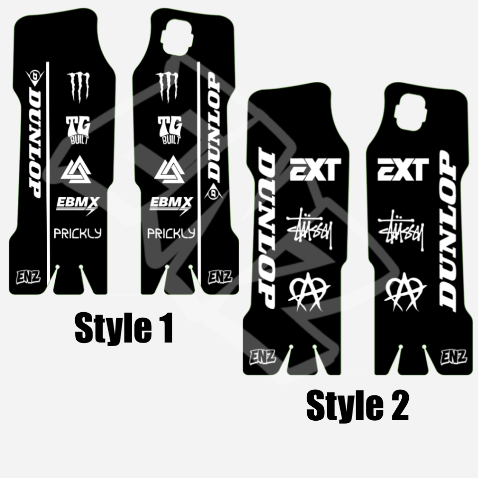 Two styles of black and white emoto fork decals with various brand logos on a white background.