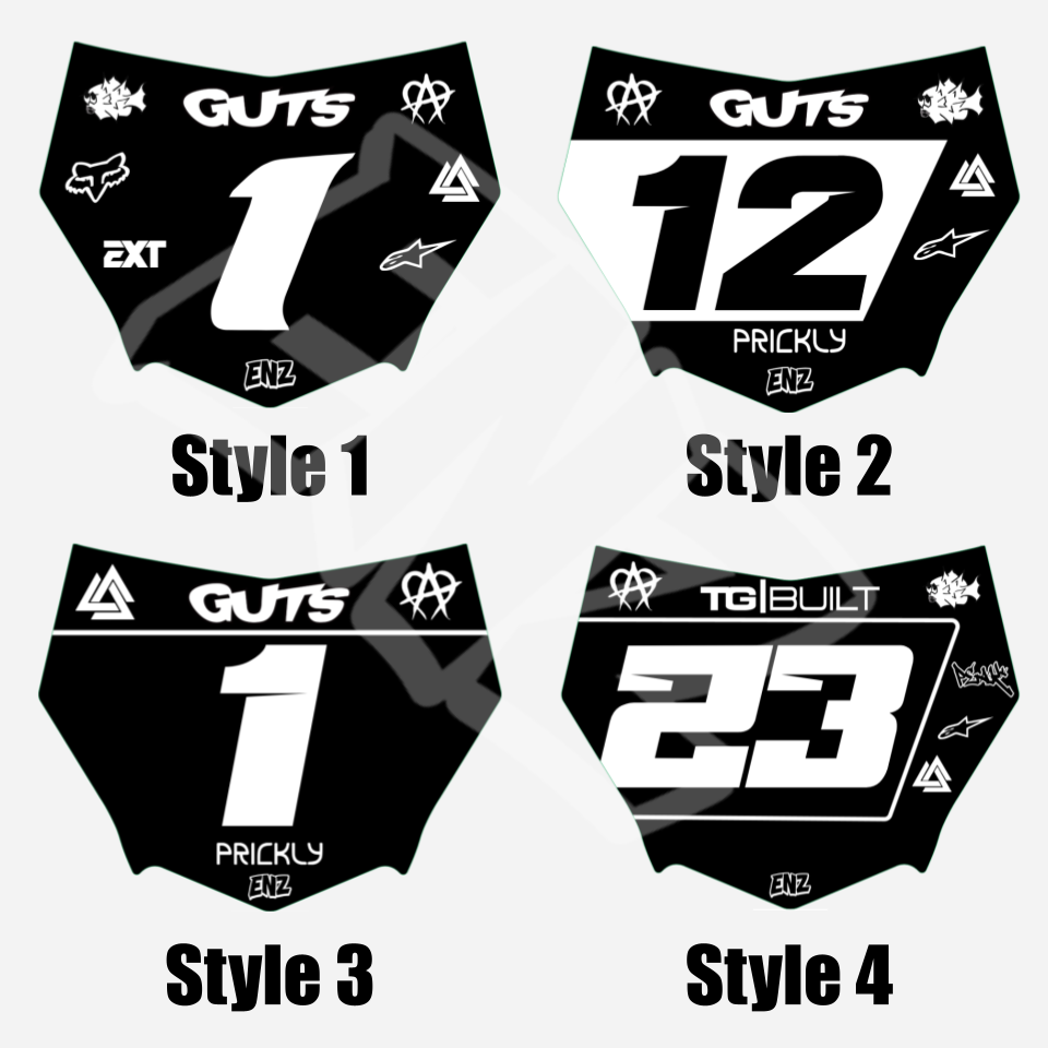 Four custom motocutz black and white emoto front plate decals with different designs and text.