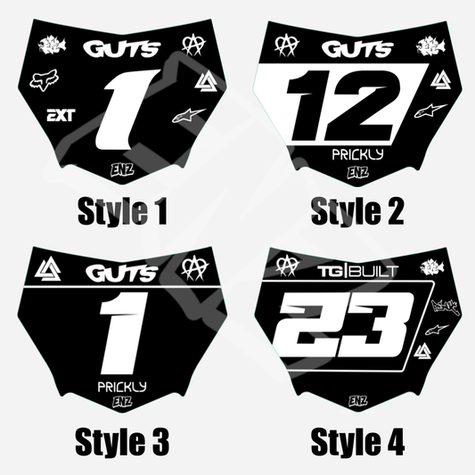 Four custom motocutz black and white emoto front plate decals with different designs and text.
