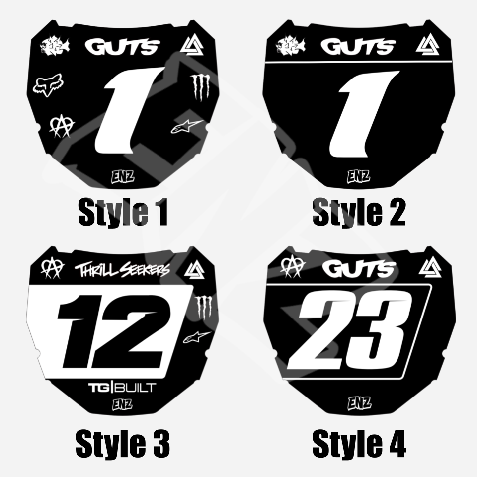 Four custom odi front plates with different styles on a white background