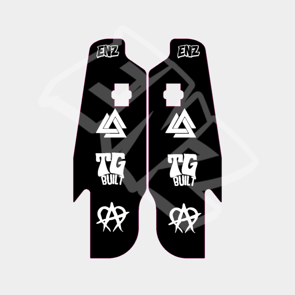 Black protective gear with white logos and text on a light gray background decal for front fork