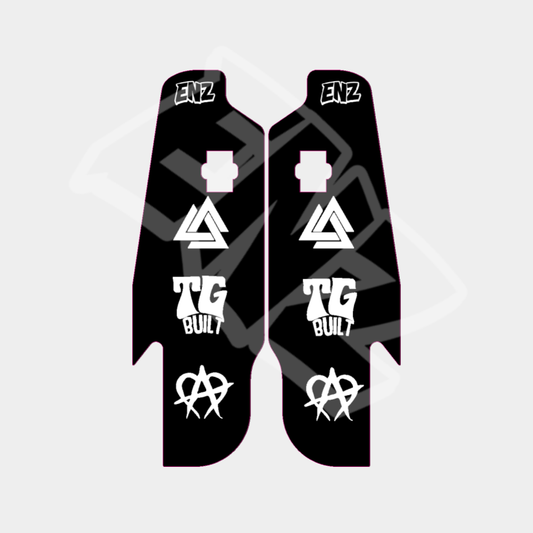 Black protective gear with white logos and text on a light gray background decal for front fork