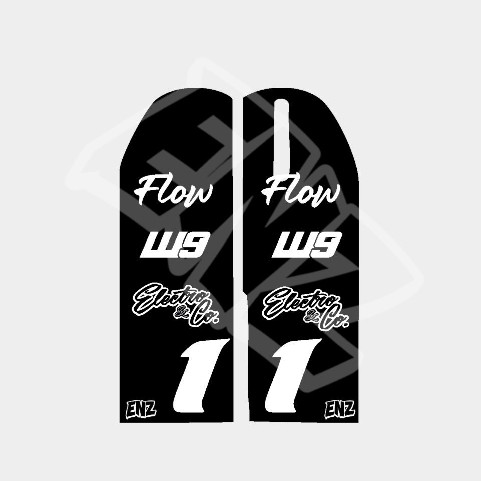 Black and white front fork emoto decals with 'Flow', 'WS', and 'Electric Life' text on a light gray background.