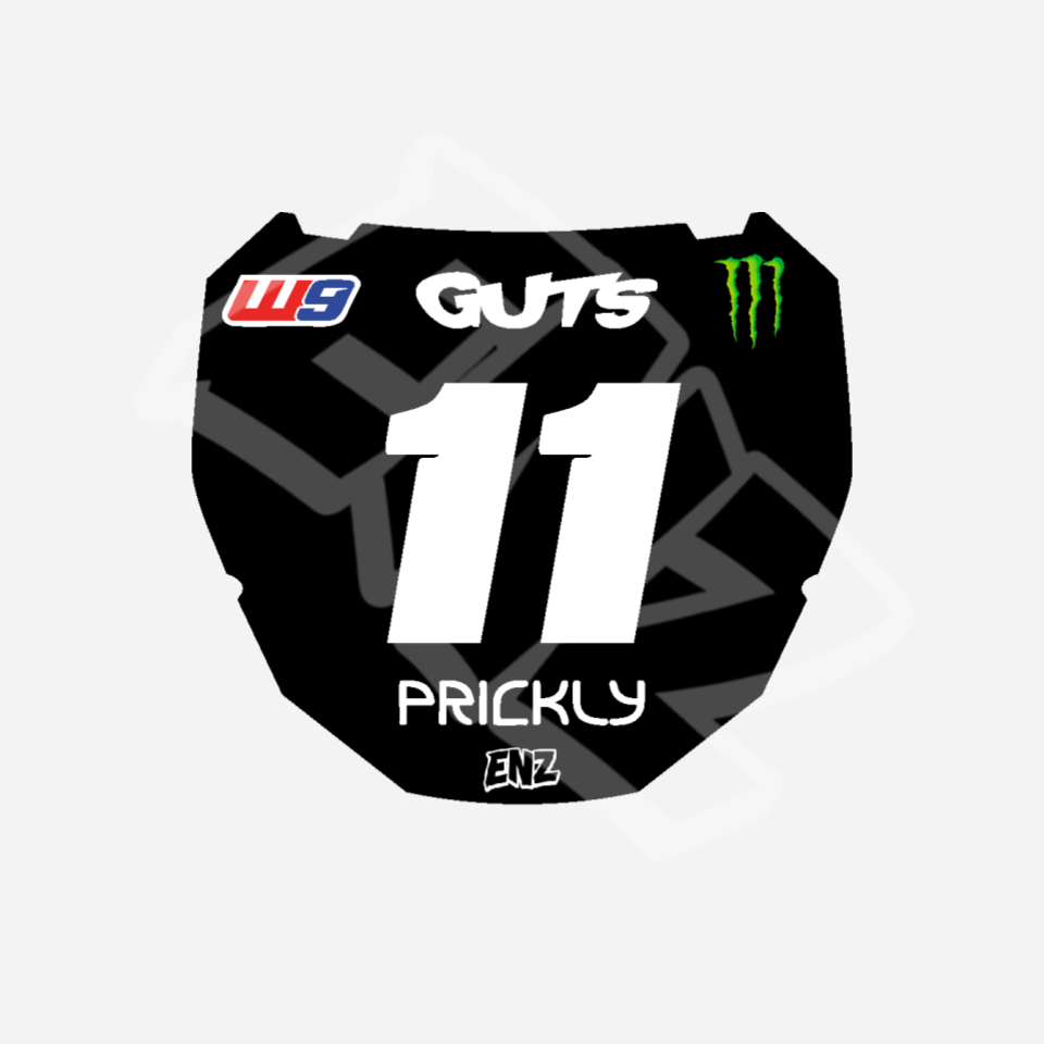 Black background with white text and logos on a white background as front plate decal.