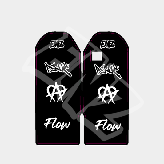 Black and white graphic design with 'Flow' text and logos on a light gray background