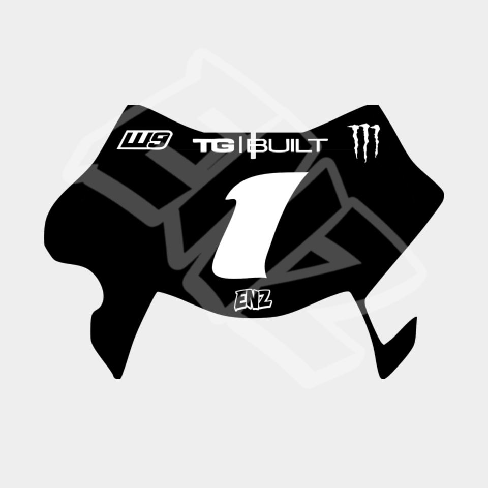 Black emoto front plate decal for Surron Ultrabee with branding on a light gray background